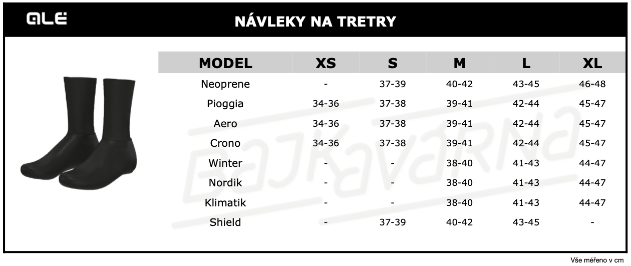 ALÉ - návleky na tretry velikostní tabulka